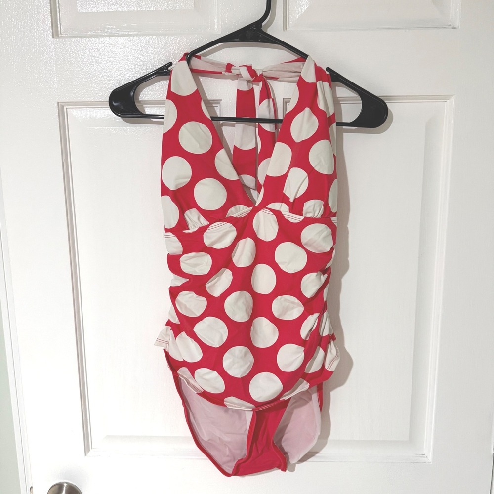 Lauren Ralph Lauren Red White Polka Dot Halter One Piece Swimsuit Size 10 Ruched